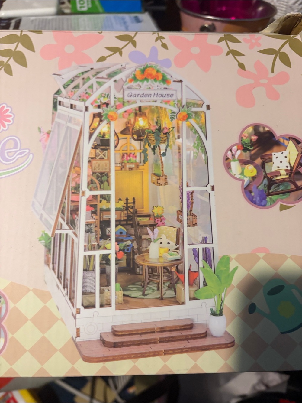 Miniature Garden House Dollhouse Display - White & Pastel Accents